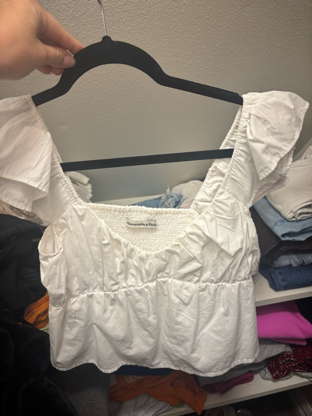 Abercrombie & Fitch White Smocked Square Neck Crop Top with Ruffle Sleeves